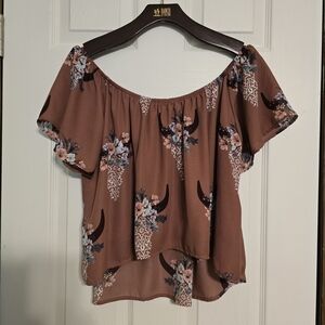 Stand Studio Floral Brown Off-Shoulder Cropped Blouse